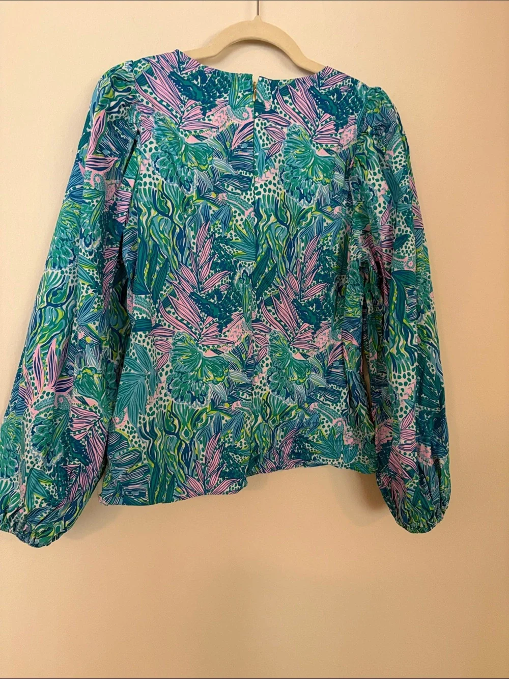 Lilly Pulitzer Teal Floral Puff-Sleeve Blouse
